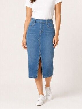 Halara Stretch Denim Midi Skirt Front Slit Blue Small